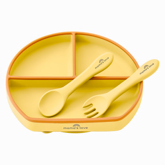 The Two-Tone Silicone Divided Suction Plate with Silicone Spoon & Fork Set - Mango Yellow