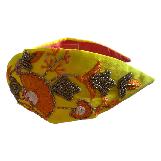 Handbeaded Headband Turban Floral Yellow & Orange Sequins & Beaded