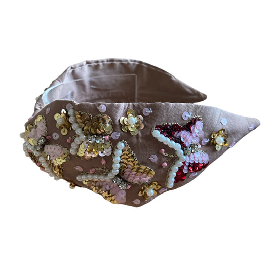 Handbeaded Headband Turban - Butterfly Rose Pink with Golden Sequins & Pearl Beads