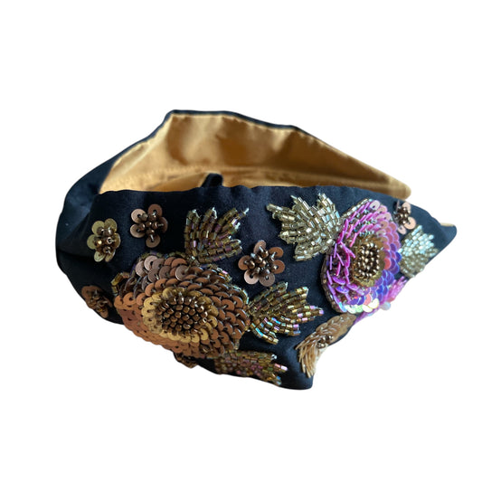 Handbeaded Headband Turban - Flower Black with Gold beads & sequins