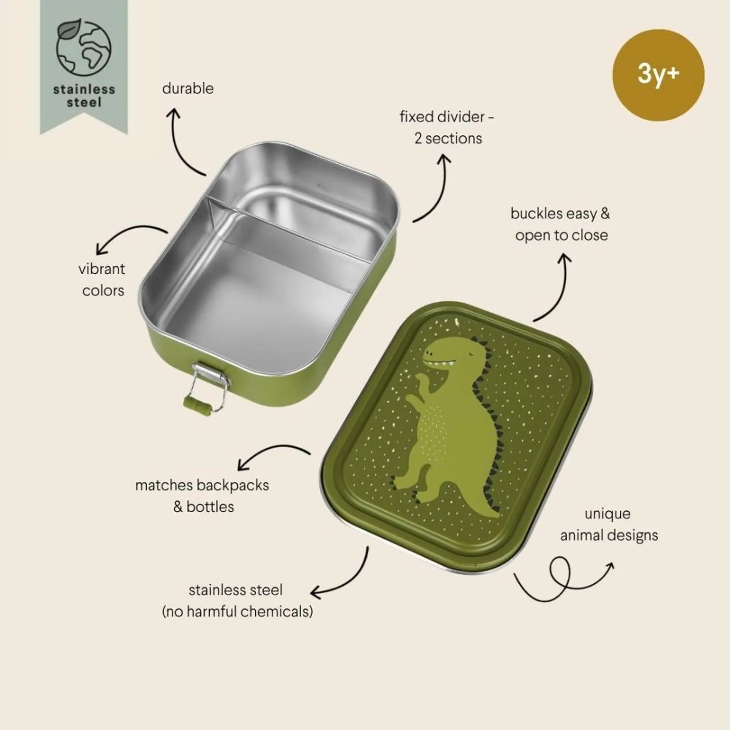 Trixie - Stainless Steel Lunch Box Large - 2 - Compartment - Mr. Dino