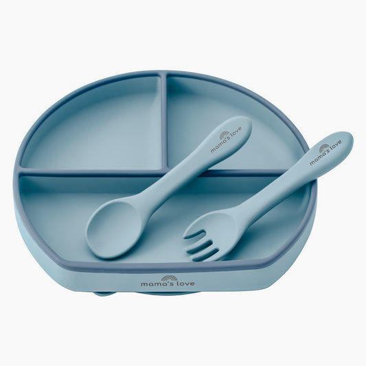 The Two-Tone Silicone Divided Suction Plate Silicone Spoon & Fork Set - Dusty Blue