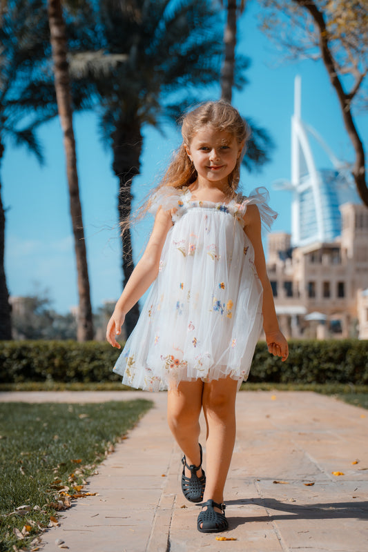 Butterfly Dress with Flower Embroidery - Heavenly White