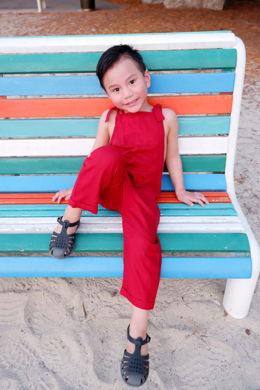 Joe Linen Romper - Maple Red / White