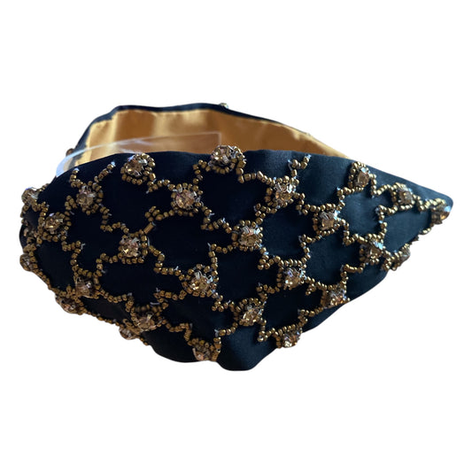 Handbeaded Headband Turban - Black with Golden beads and stones