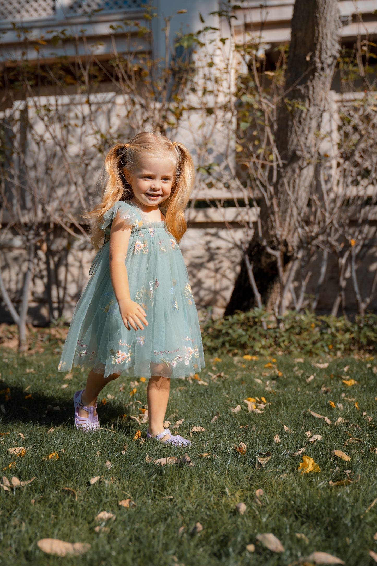 Butterfly Dress with Flower Embroidery - Forest Green