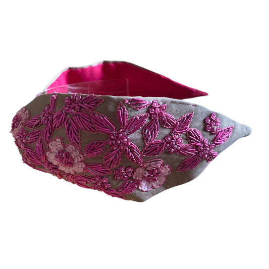 Handbeaded Headband Turban - Flower Pink & Fushia Beads & Sequins