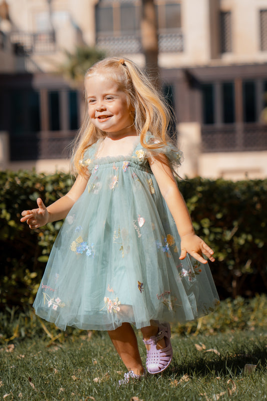 Butterfly Dress with Flower Embroidery - Forest Green